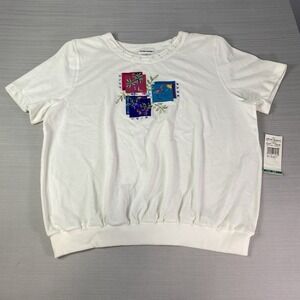 Alfred Dunner Top Womens‎ 2X White Beach Flamingo Embroidery Short Sleeve Shirt